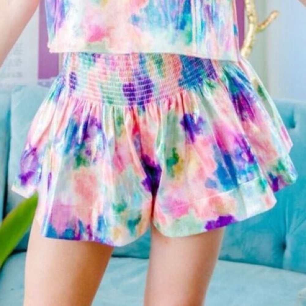 Queen of Sparkles rainbow tie dye smocked party club shorts size xs‎